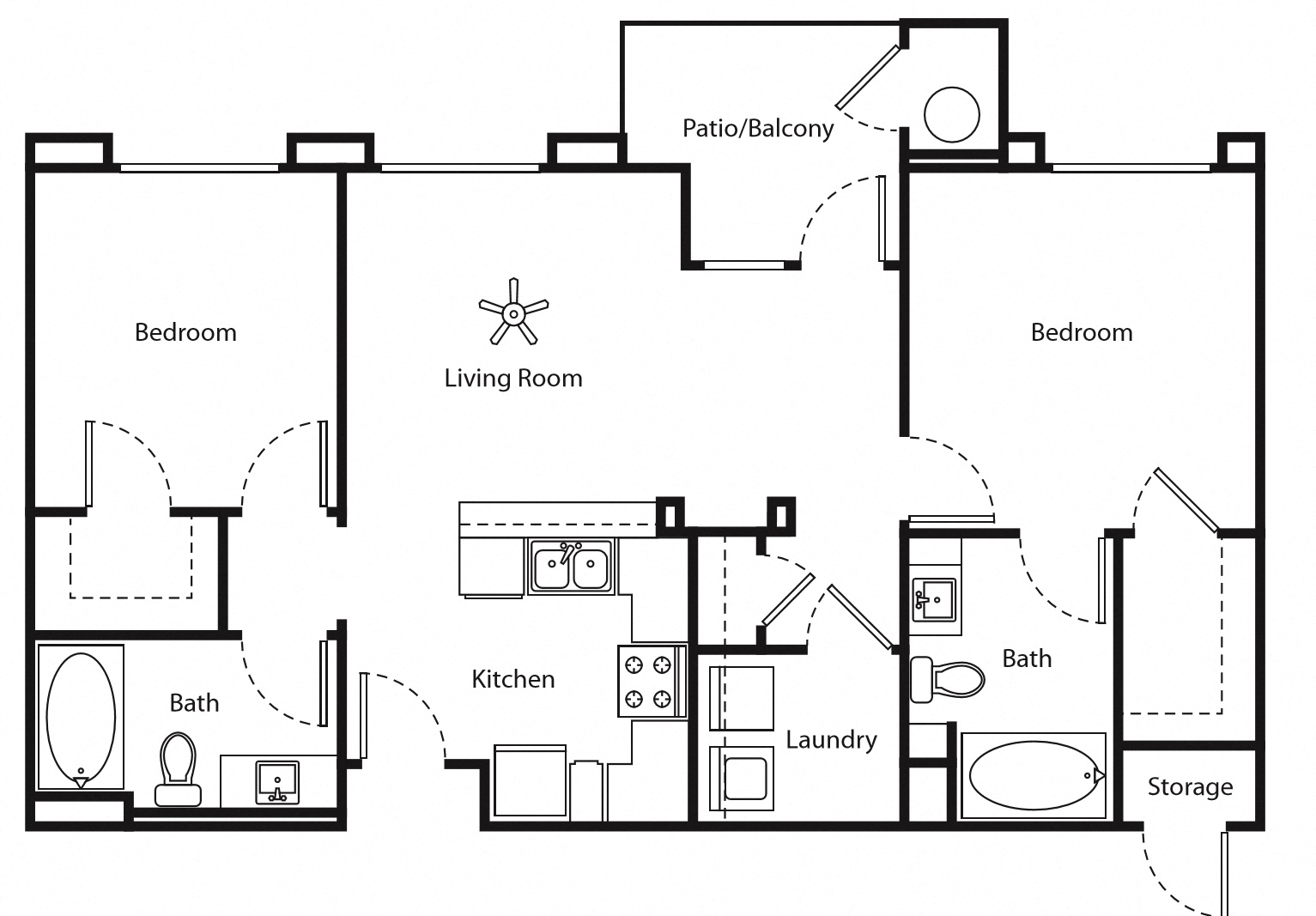 Floor plan for 2 beds, 2 baths, 1005 sqft